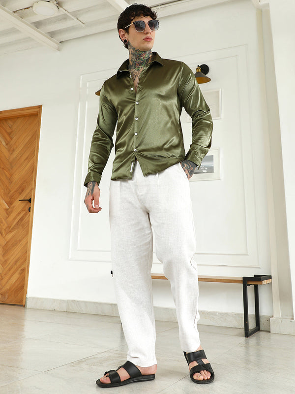 Olive Green Polyester Slim Fit Shirt