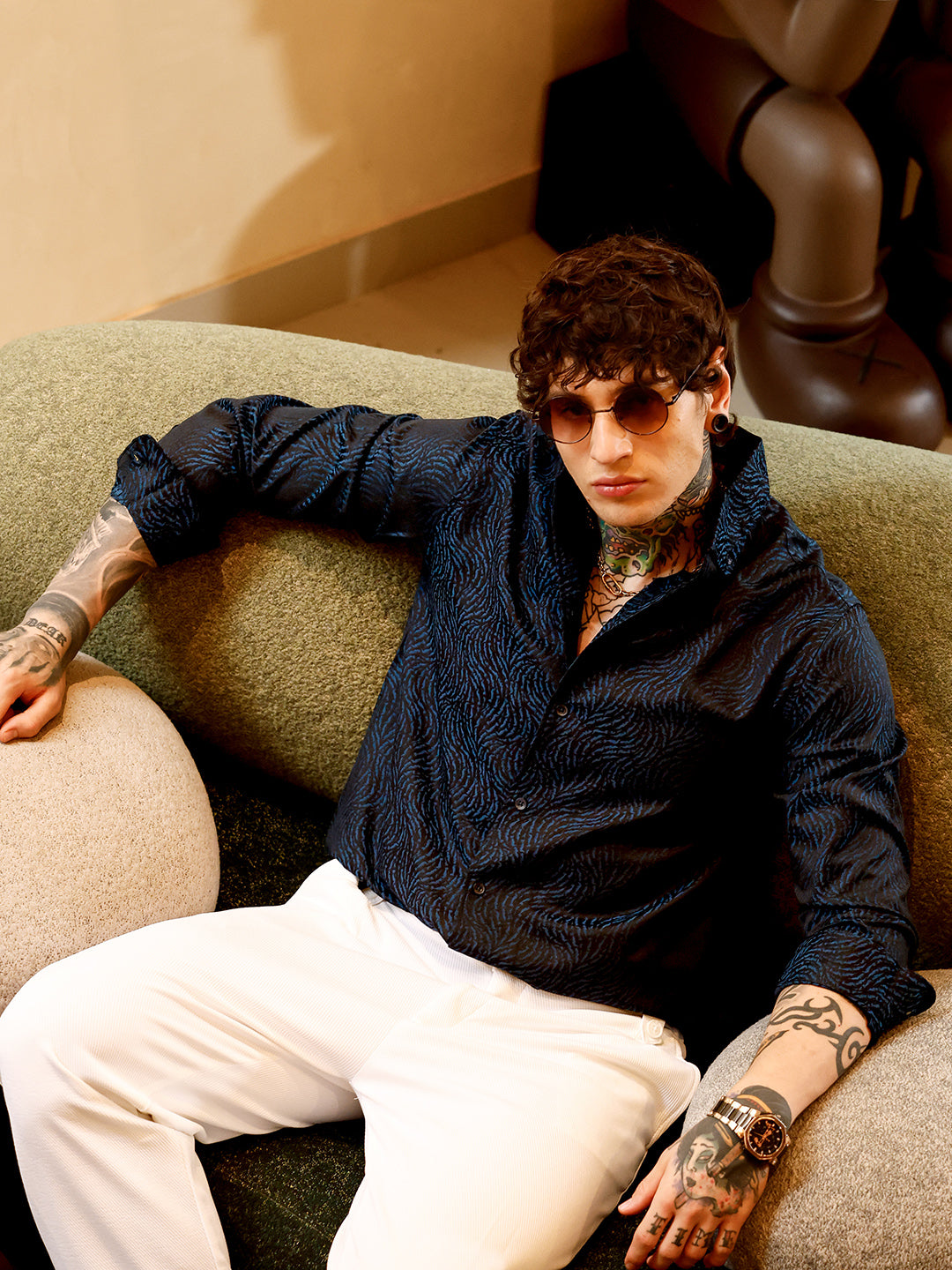 Contrast-Streaks Jacquard Shirt