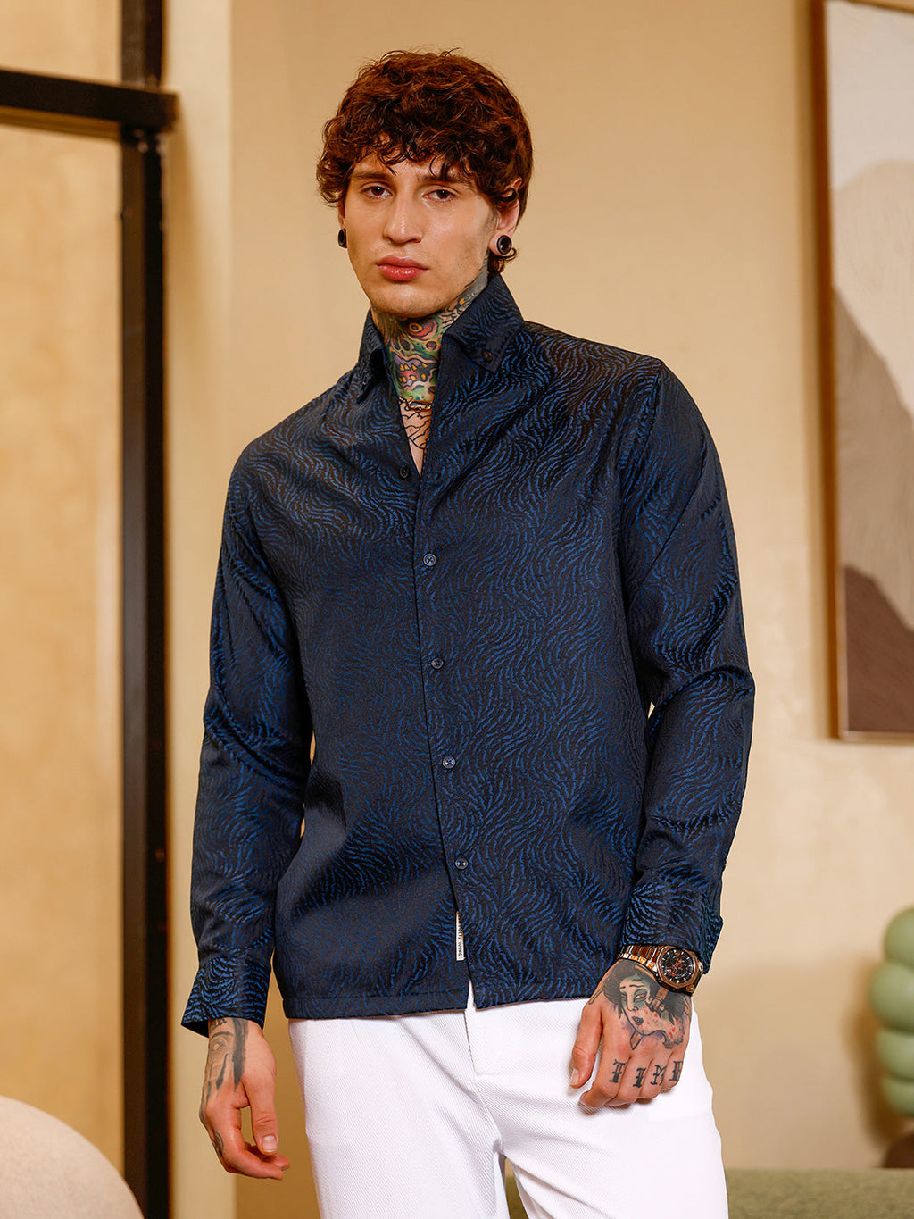 Contrast-Streaks Jacquard Shirt