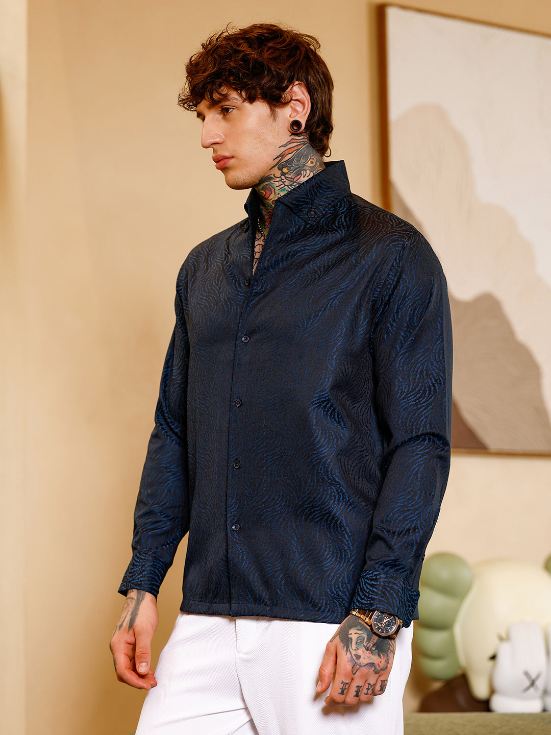 Contrast-Streaks Jacquard Shirt