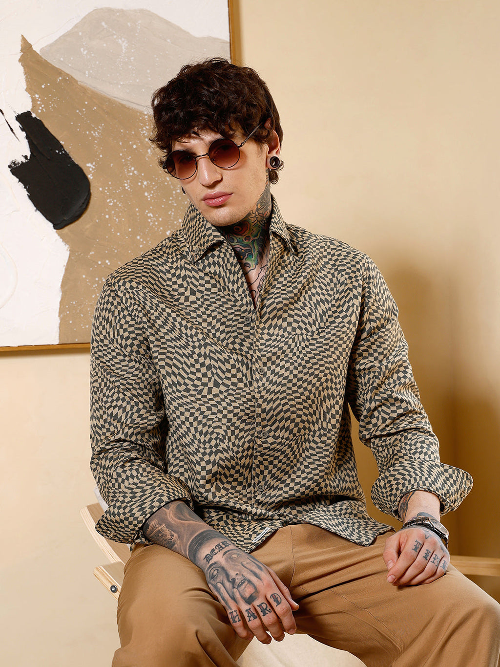 Curved-Check Jacquard Shirt