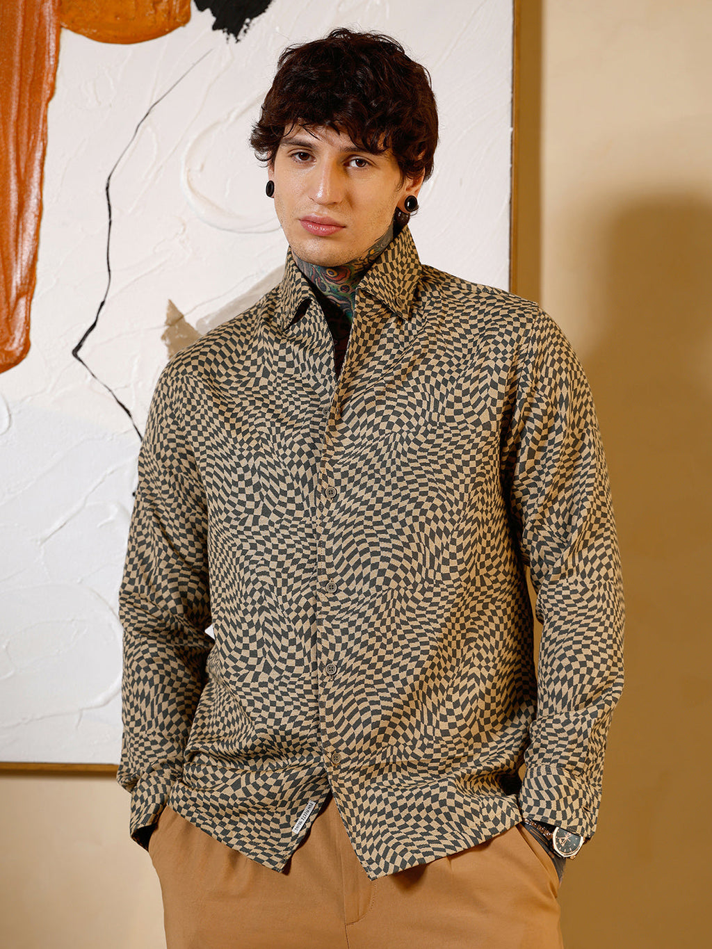 Curved-Check Jacquard Shirt