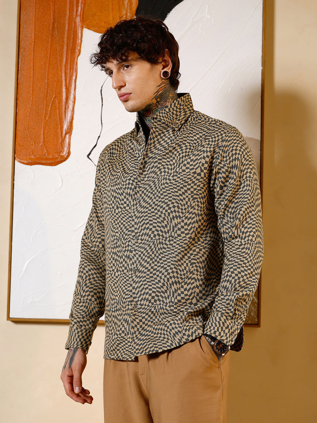 Curved-Check Jacquard Shirt