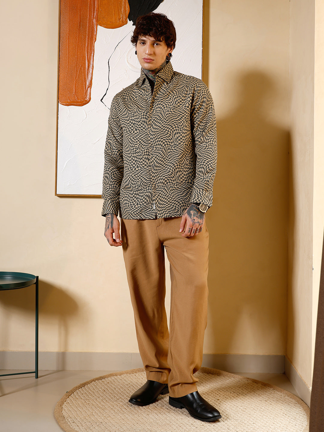 Curved-Check Jacquard Shirt
