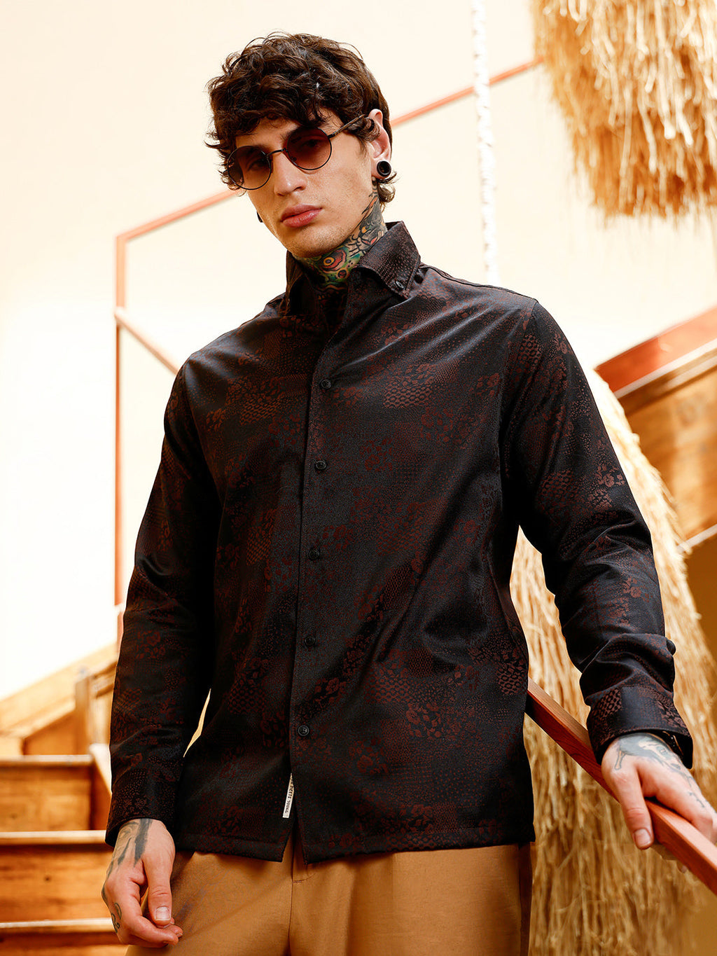 Dark-Tone Flora-Block Jacquard Shirt