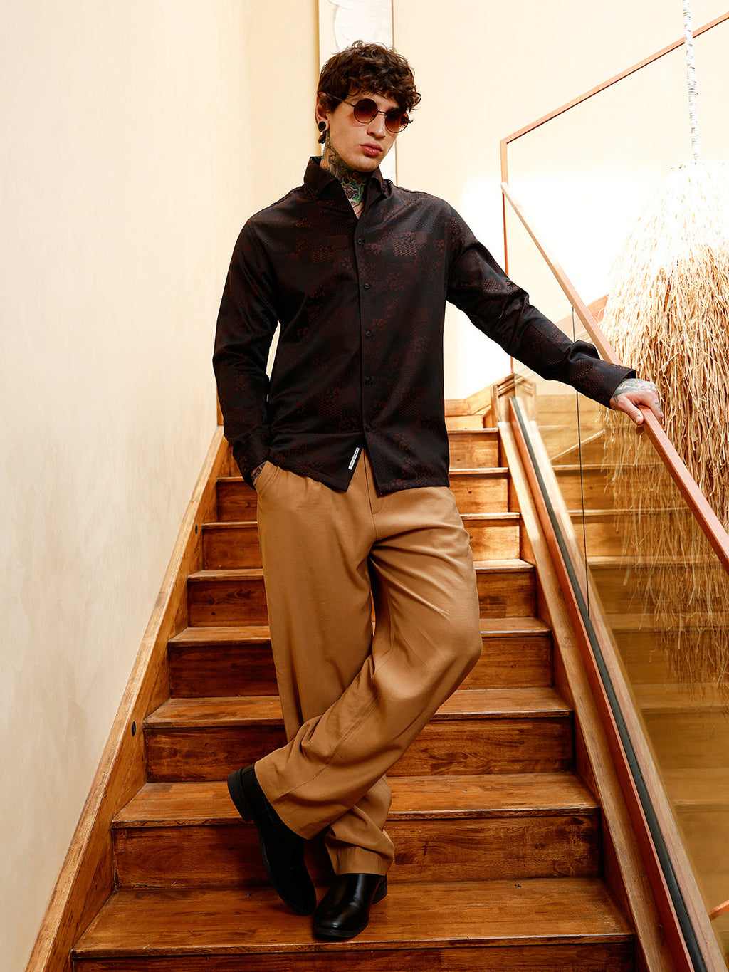 Dark-Tone Flora-Block Jacquard Shirt