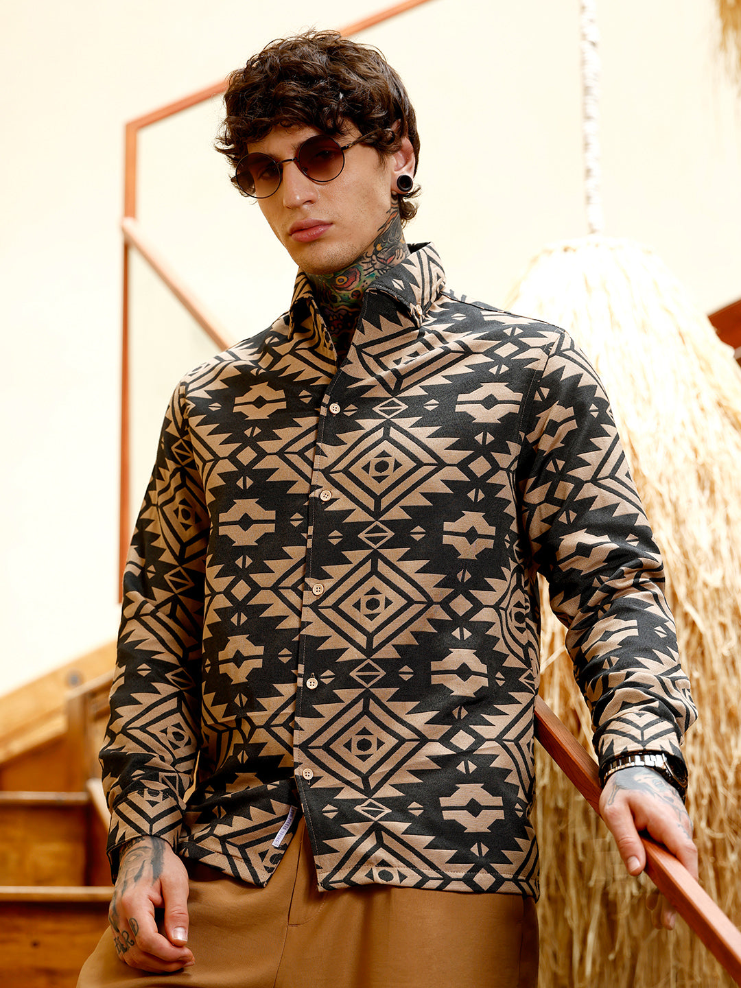 Contrast Aztec-Block Jacquard Shirt