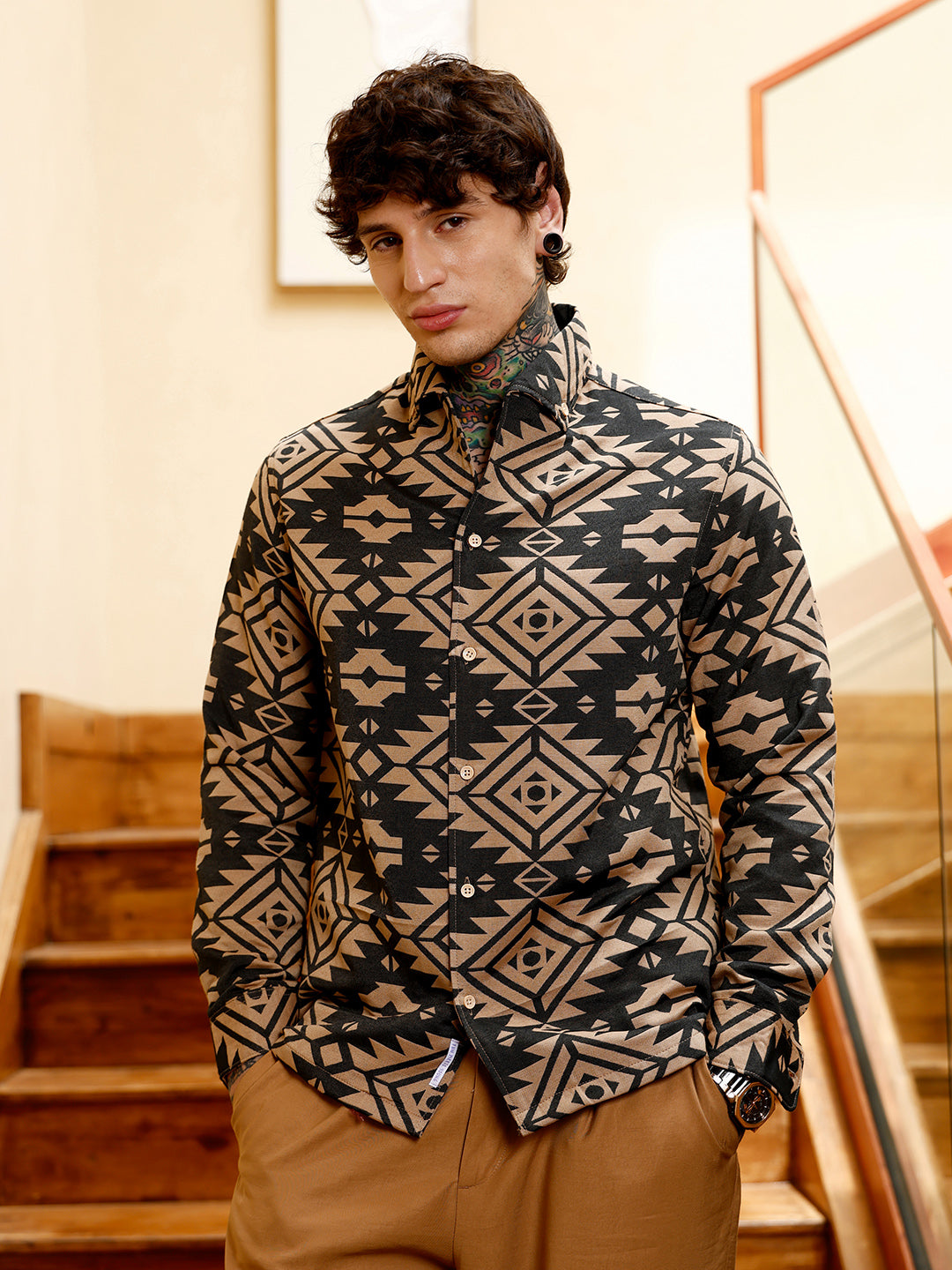 Contrast Aztec-Block Jacquard Shirt