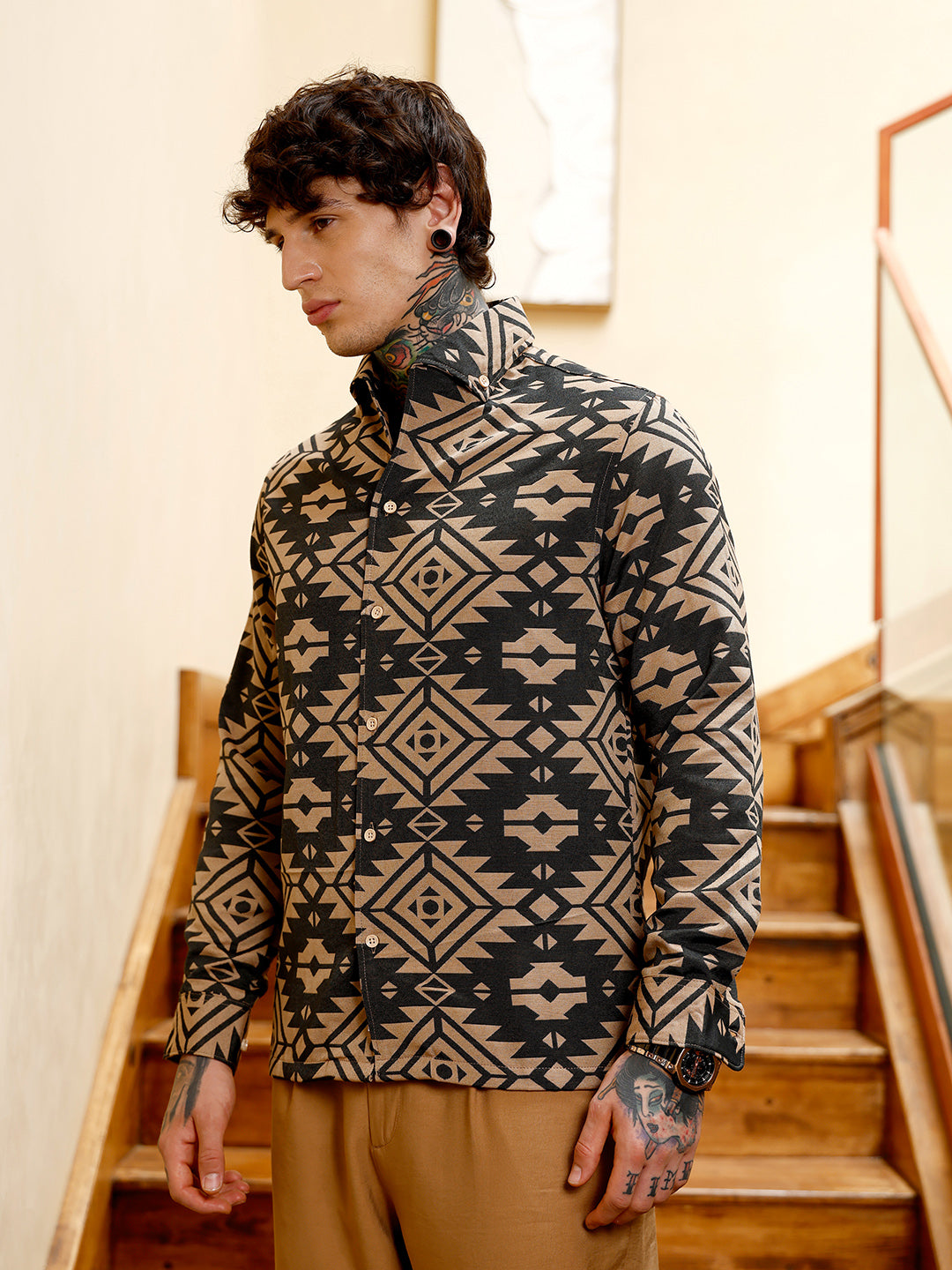 Contrast Aztec-Block Jacquard Shirt