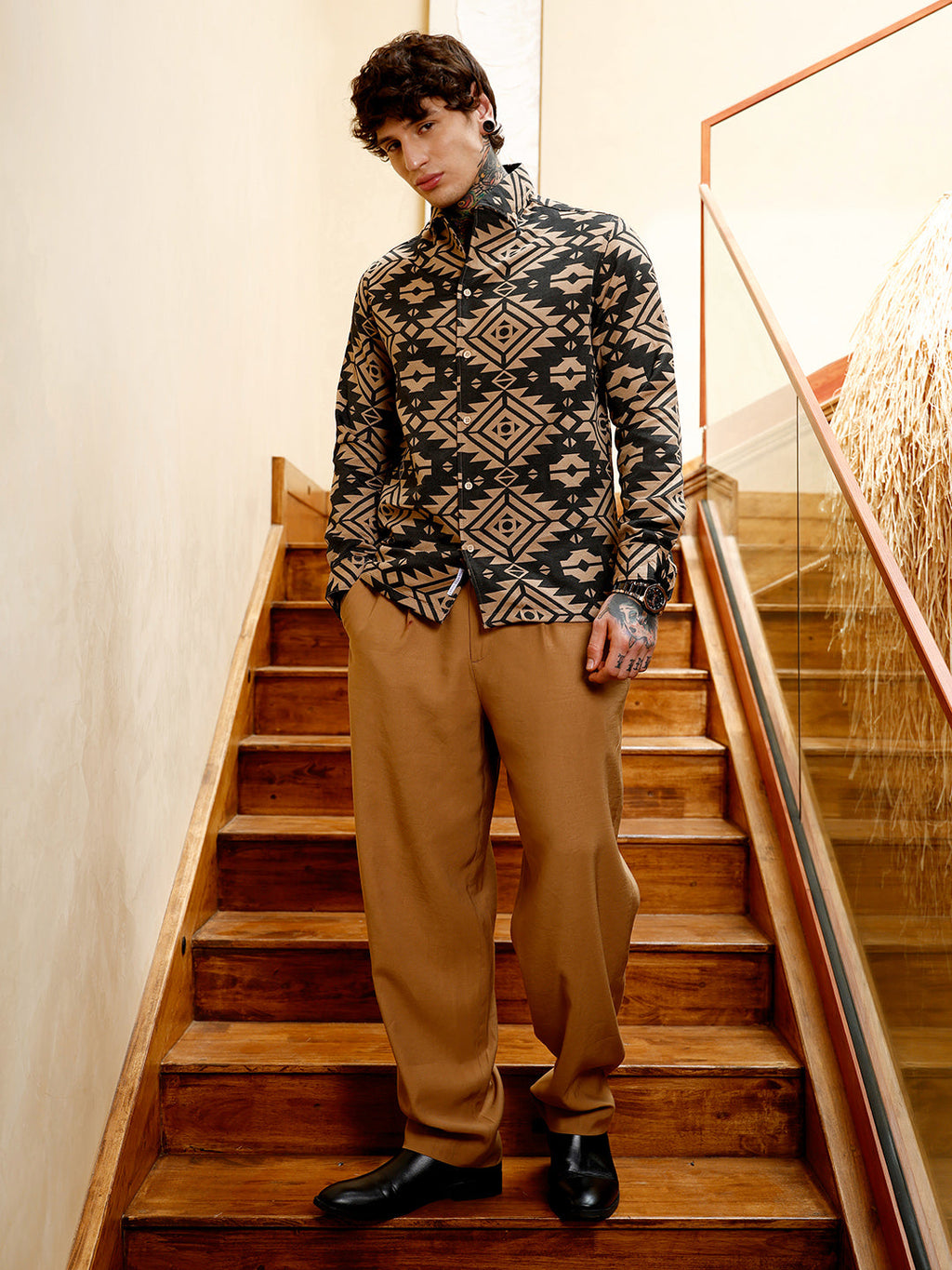 Contrast Aztec-Block Jacquard Shirt
