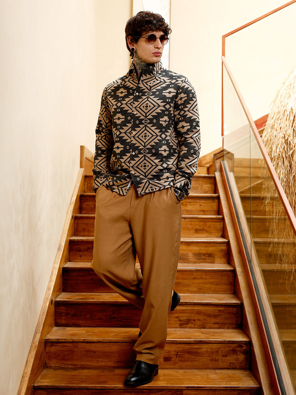 Contrast Aztec-Block Jacquard Shirt