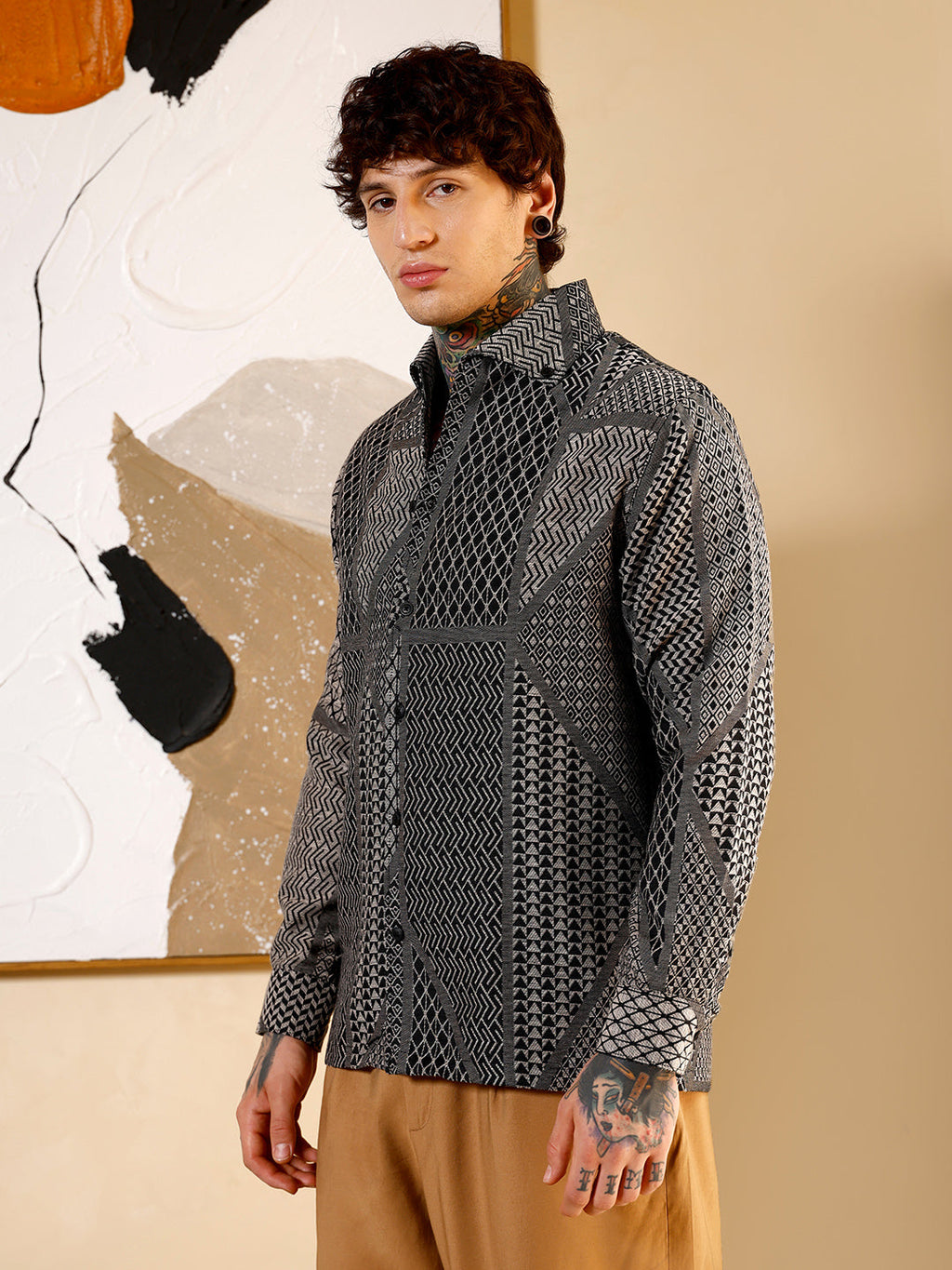 Geometric-Blocks Jacquard Shirt