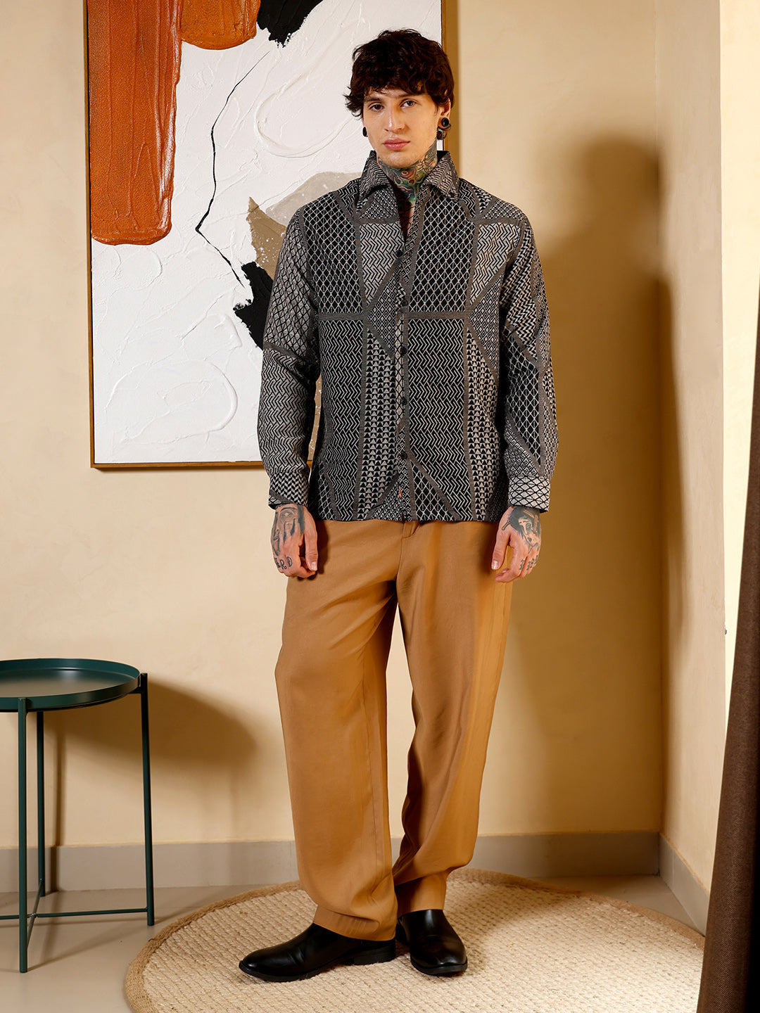 Geometric-Blocks Jacquard Shirt