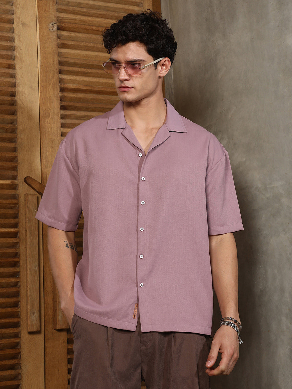 Rouge Pink Solid Cuban Relaxed Shirt