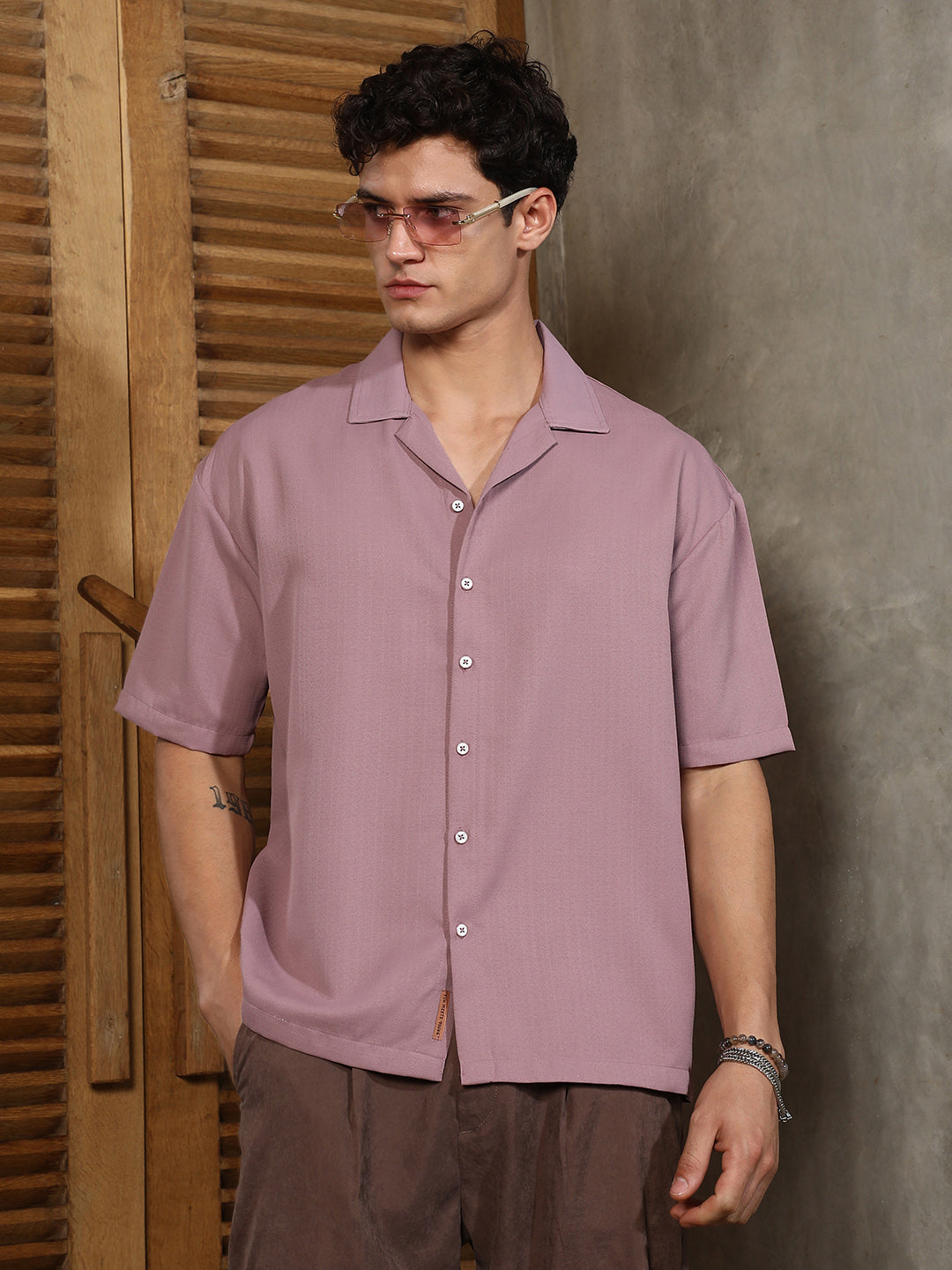 Rouge Pink Solid Cuban Relaxed Shirt