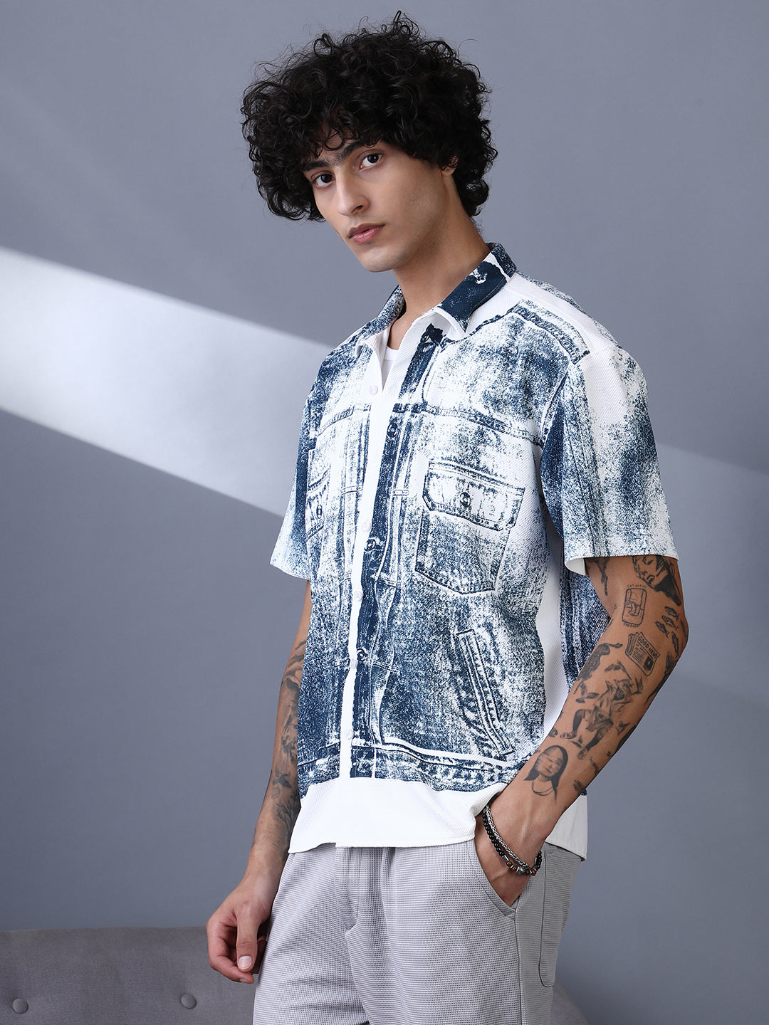 ₹999 Campus Sutra Men's Navy Blue Denim-Imprint Relaxed Shirt