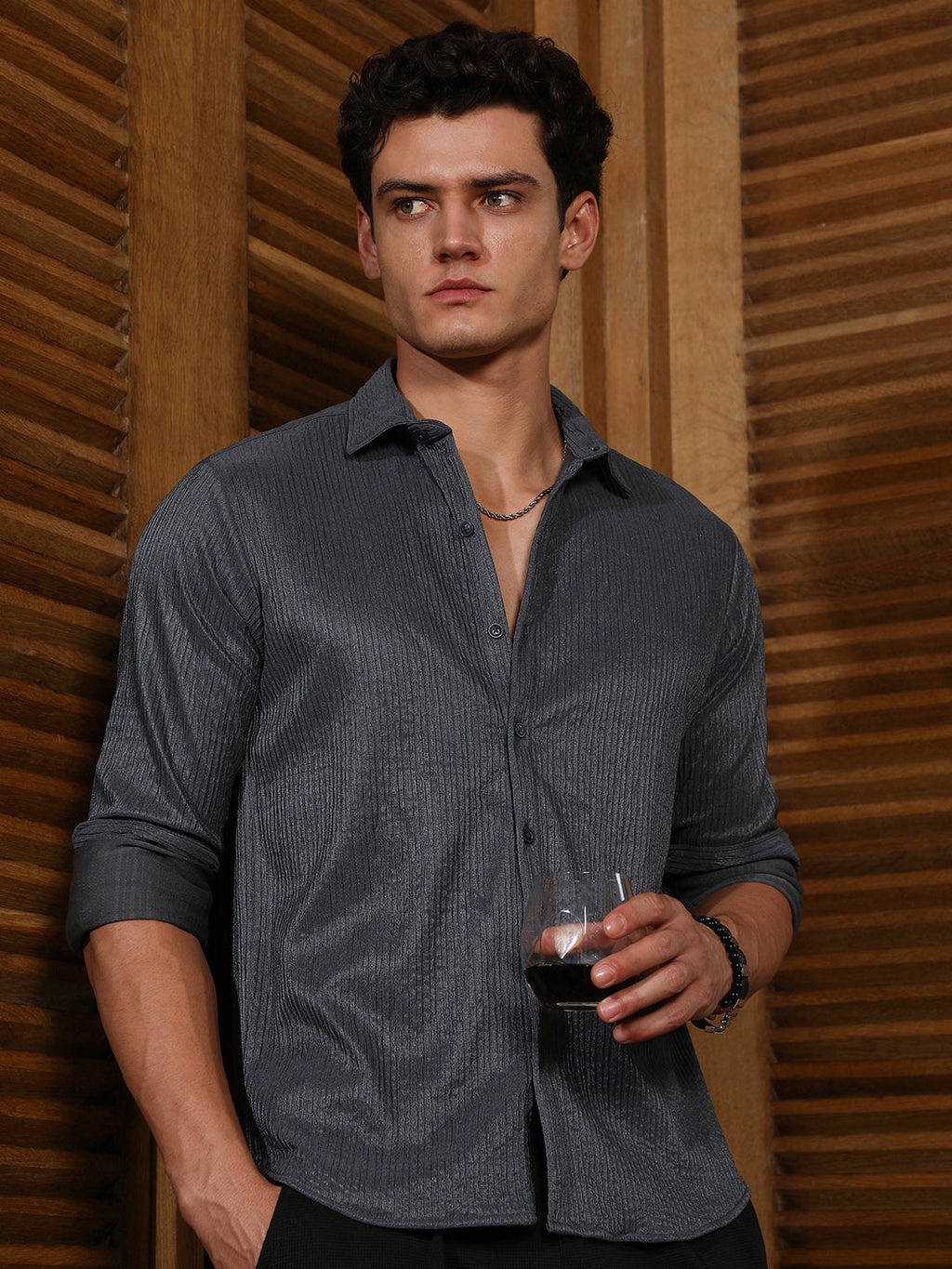 Charcoal Grey Solid Creased Shirt