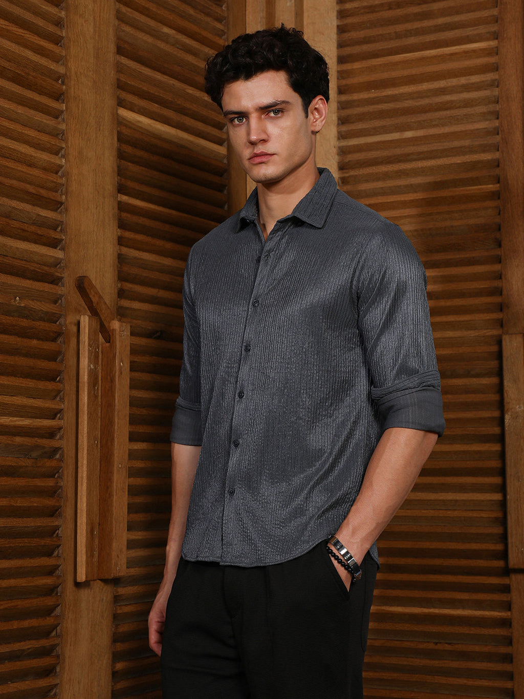 Charcoal Grey Solid Creased Shirt