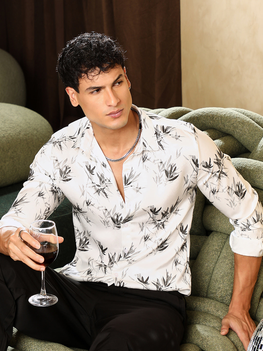 Faded-Leaf Imprint Satin Shirt