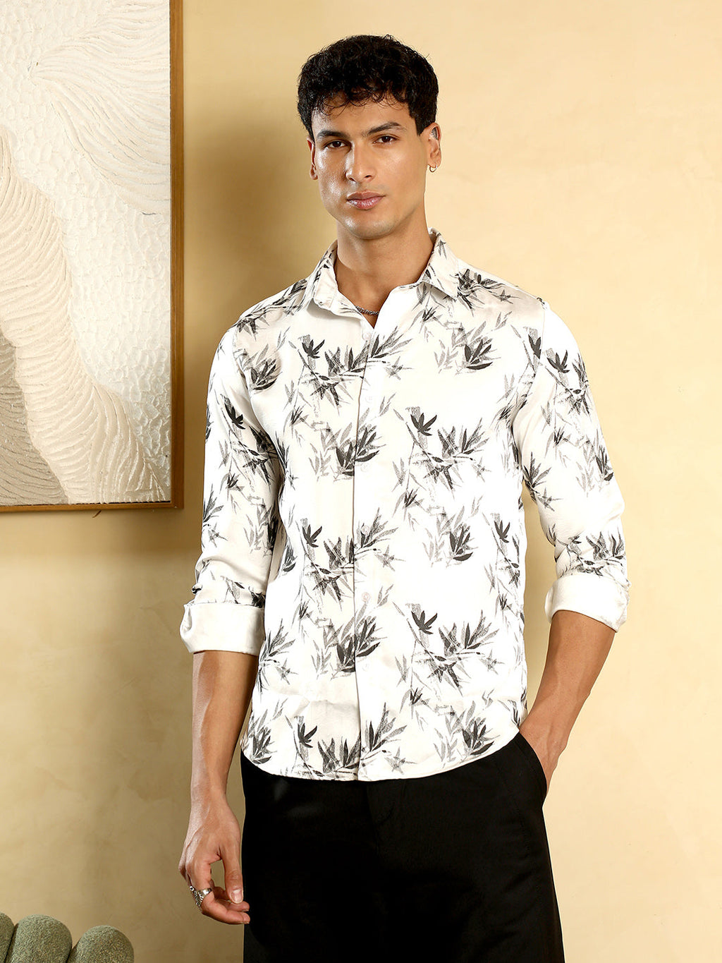Faded-Leaf Imprint Satin Shirt