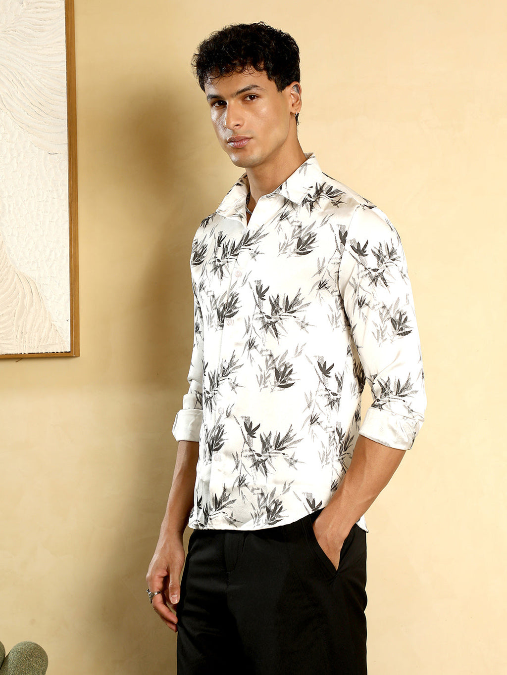 Faded-Leaf Imprint Satin Shirt