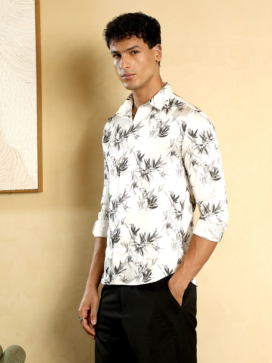 Faded-Leaf Imprint Satin Shirt