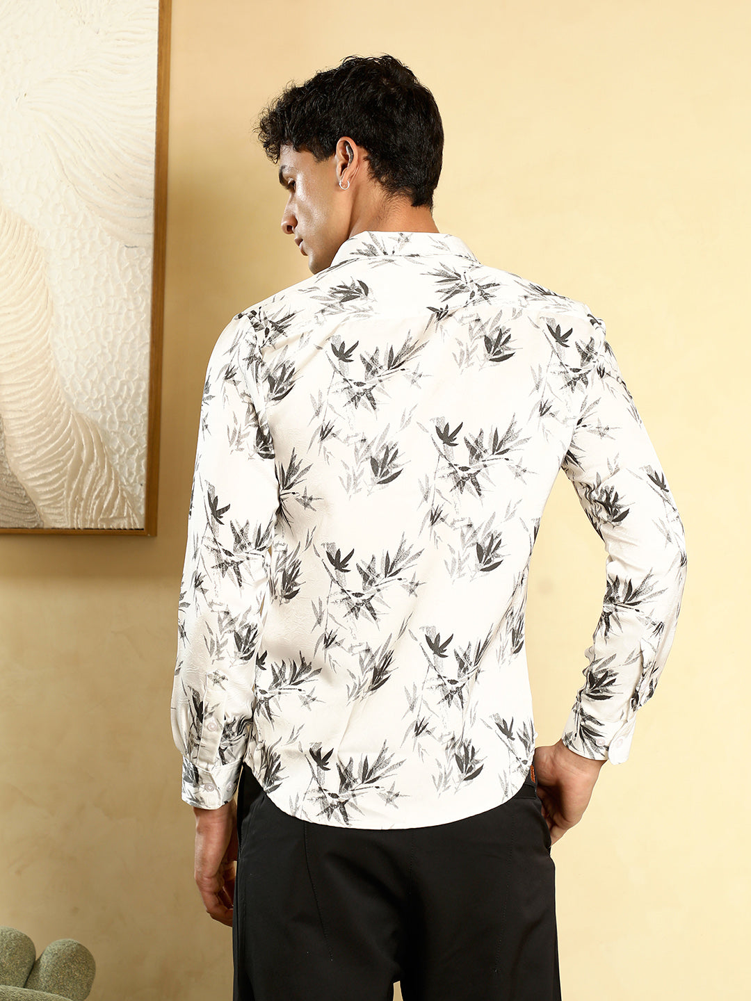 Faded-Leaf Imprint Satin Shirt