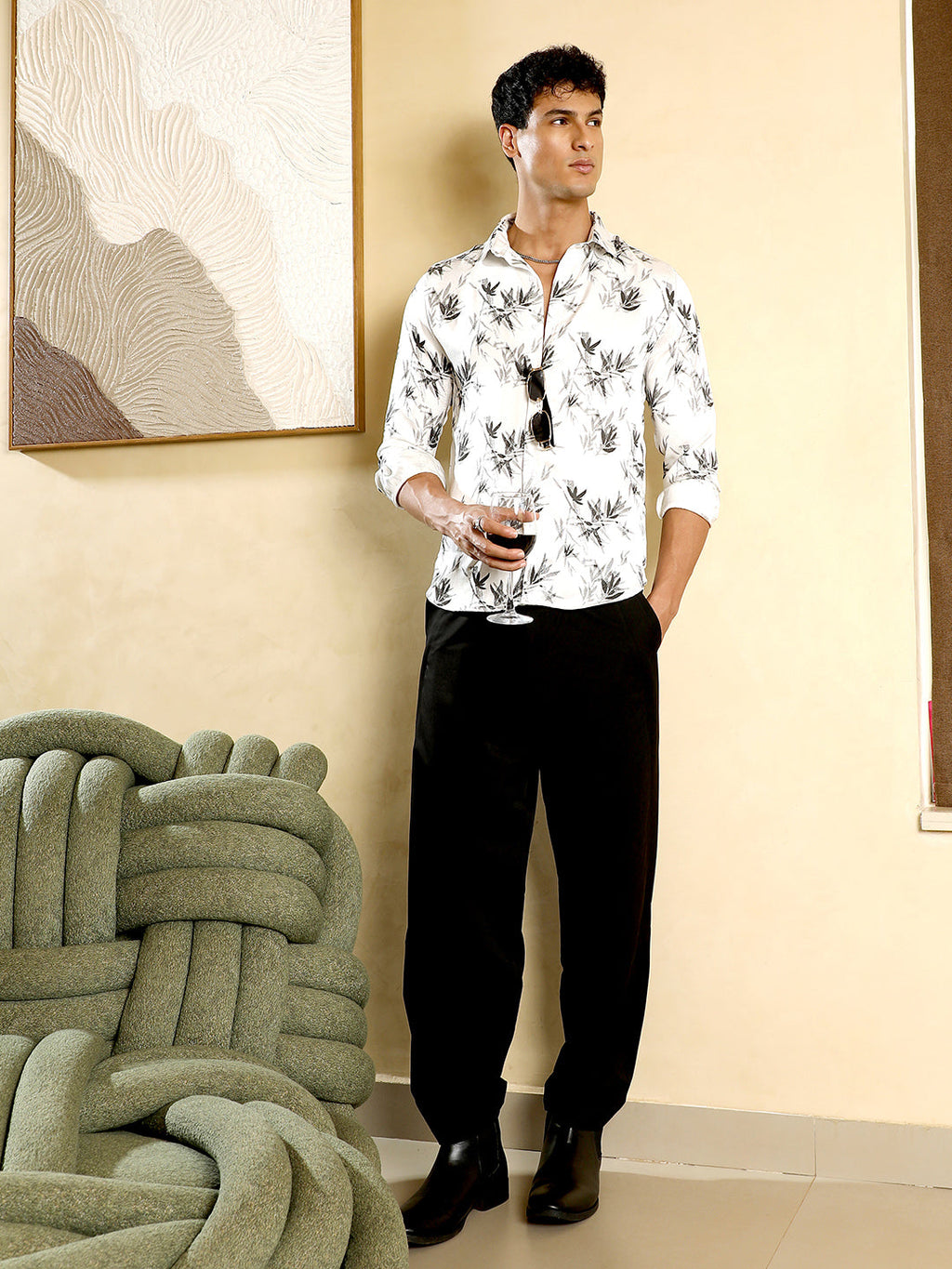 Faded-Leaf Imprint Satin Shirt