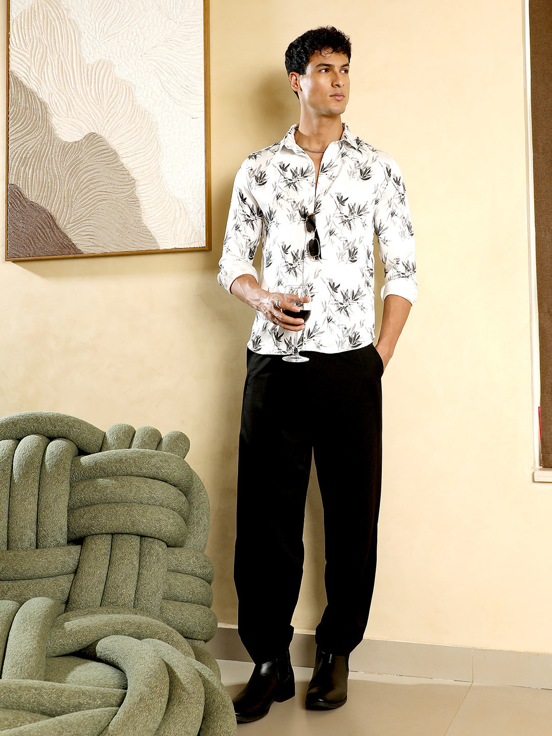 Faded-Leaf Imprint Satin Shirt