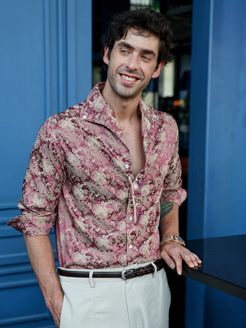 Men's Floral Jacquard Full Sleeve Cuban Collar Shirt