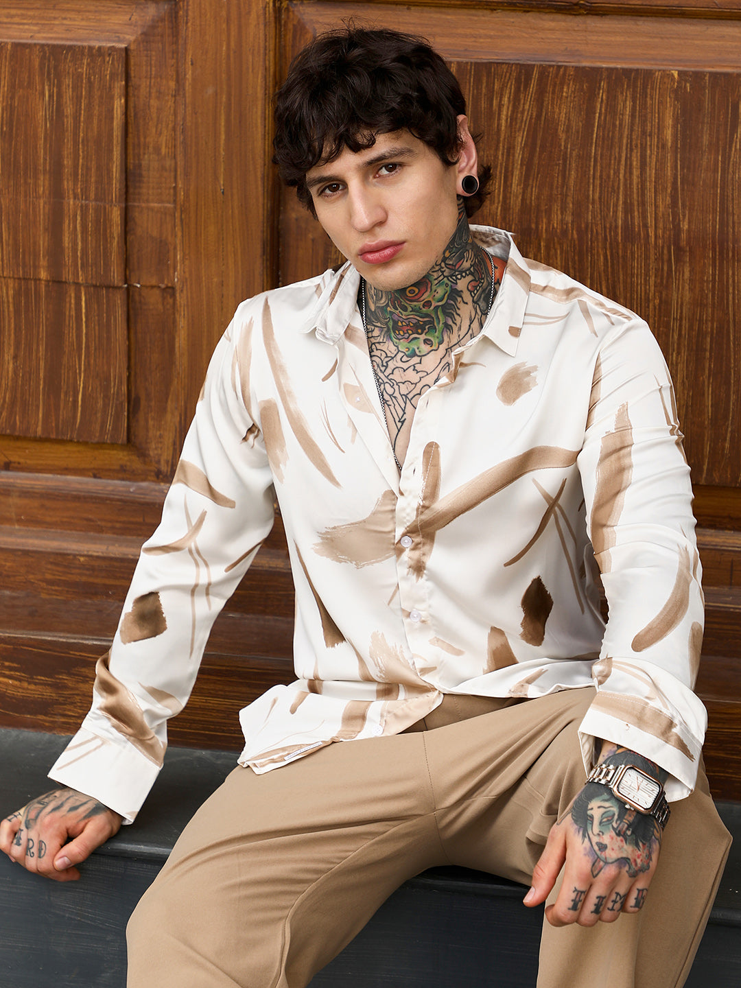 Contrast-Strokes Imprint Shirt