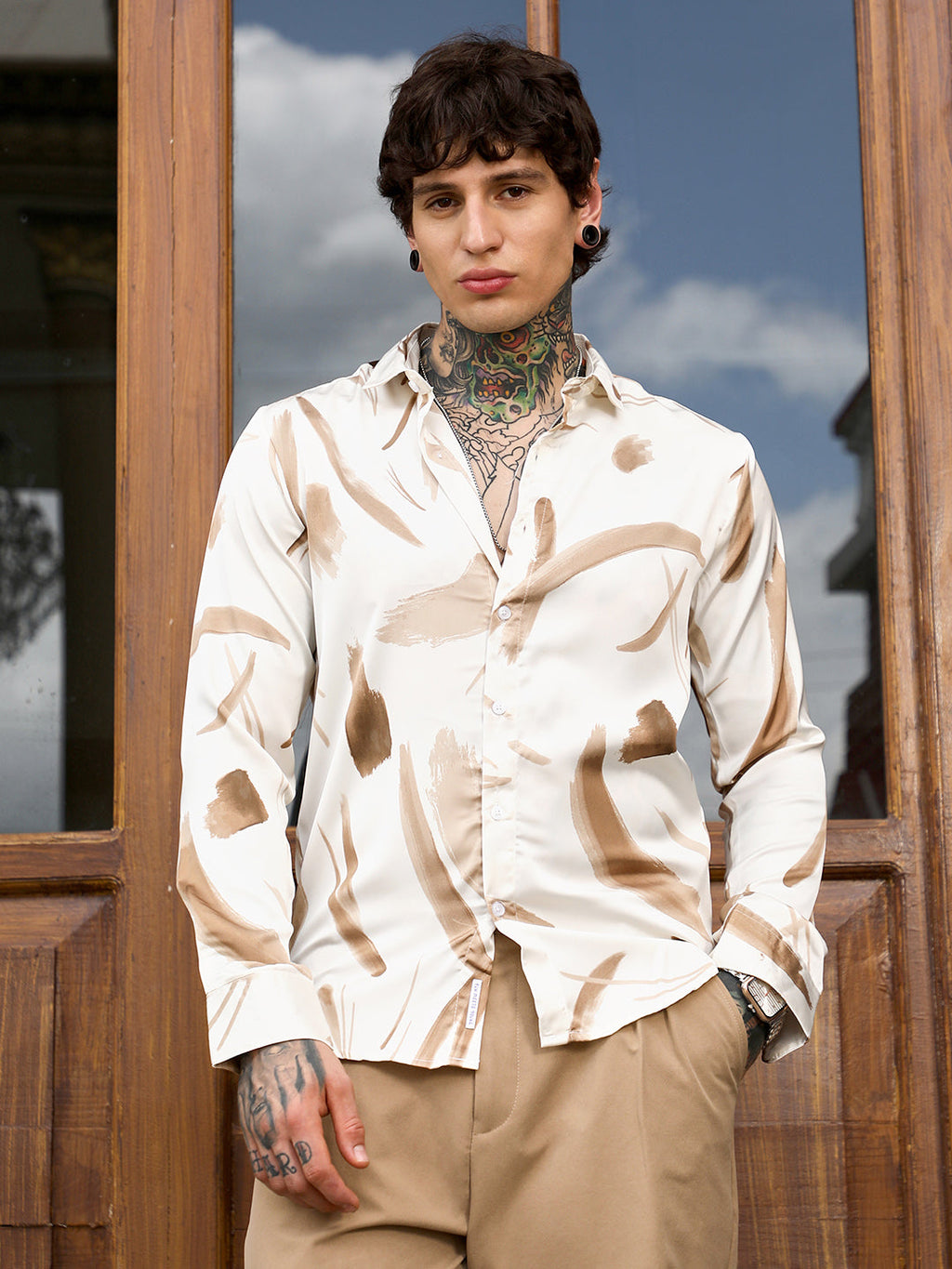 Contrast-Strokes Imprint Shirt