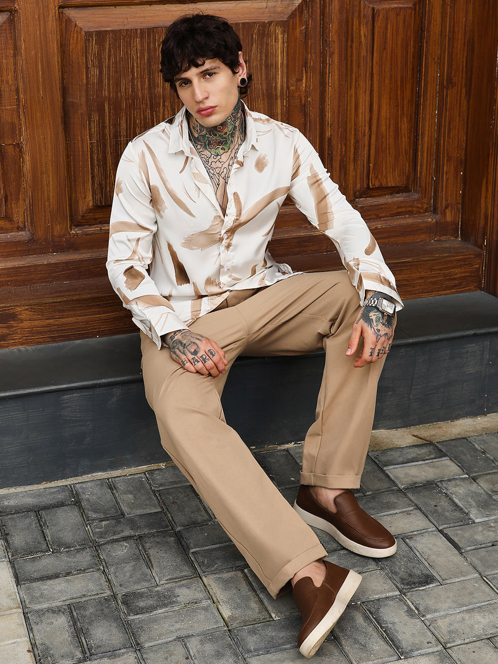 Contrast-Strokes Imprint Shirt