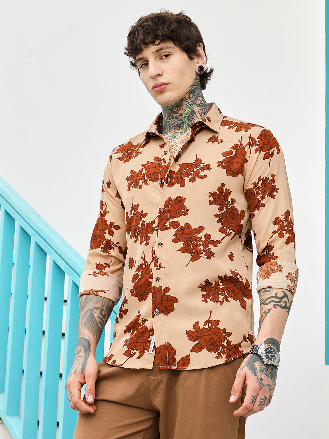 Contrast-Roses Imprint Shirt