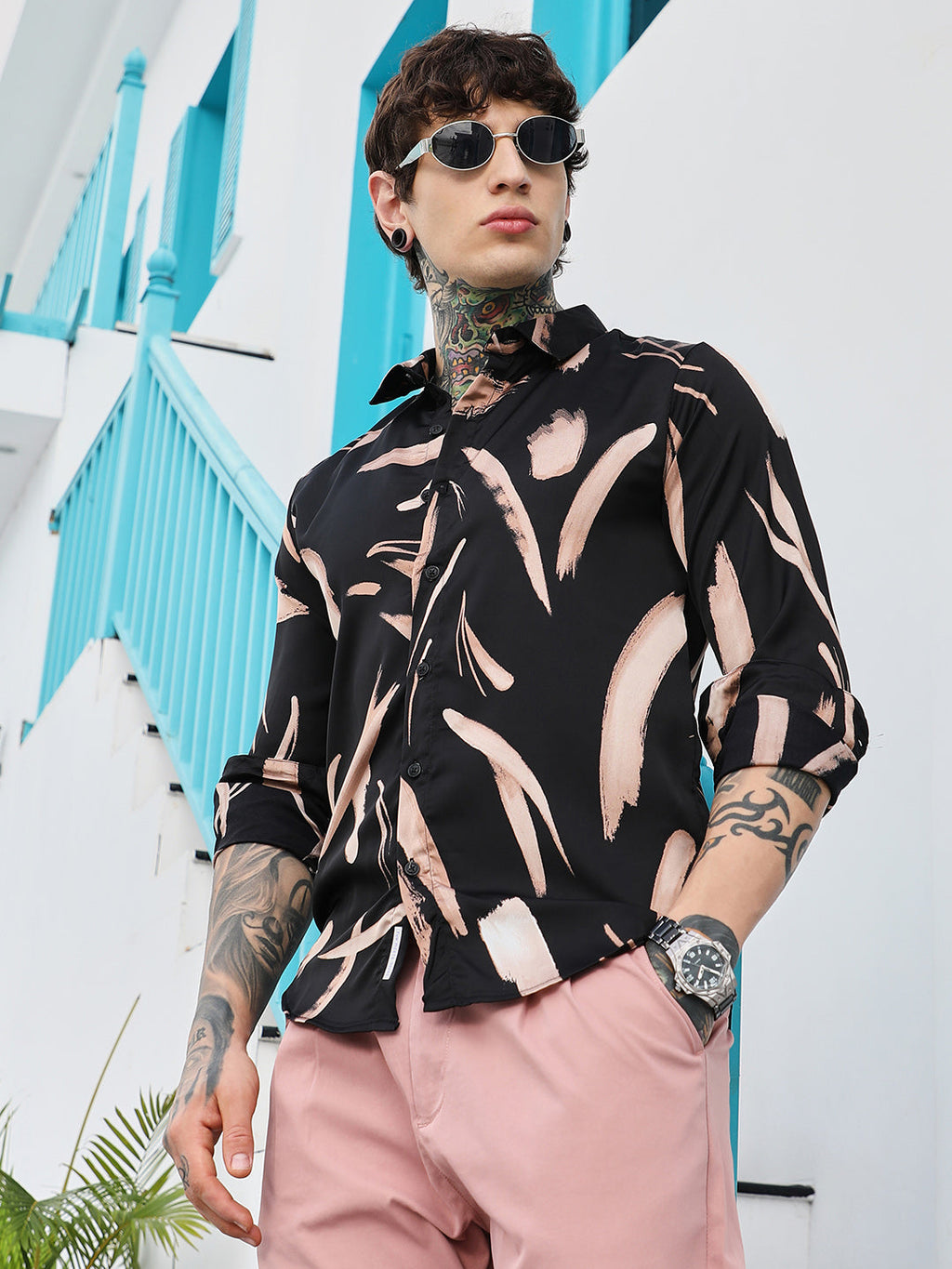 Contrast-Strokes Imprint Shirt