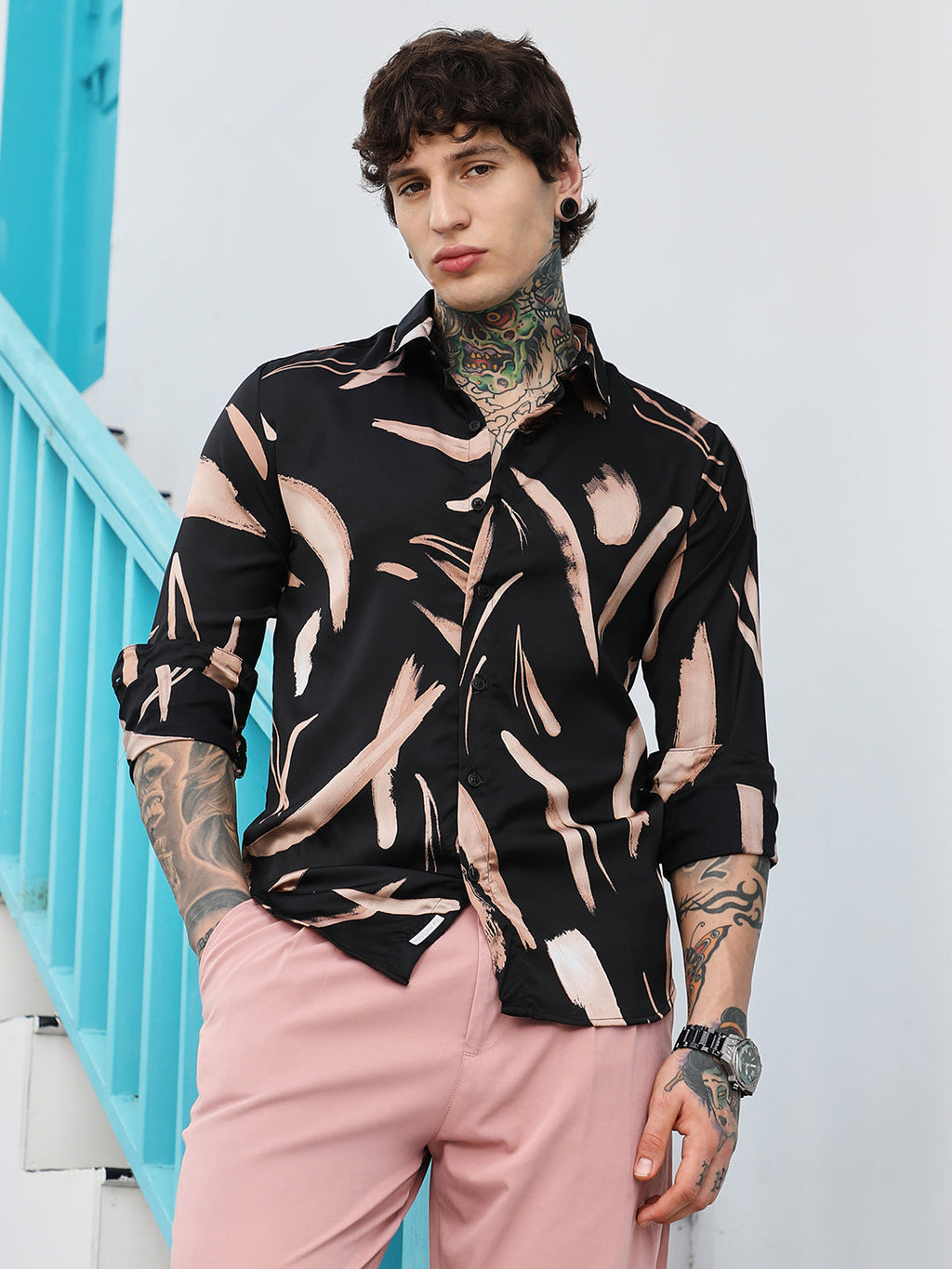 Contrast-Strokes Imprint Shirt