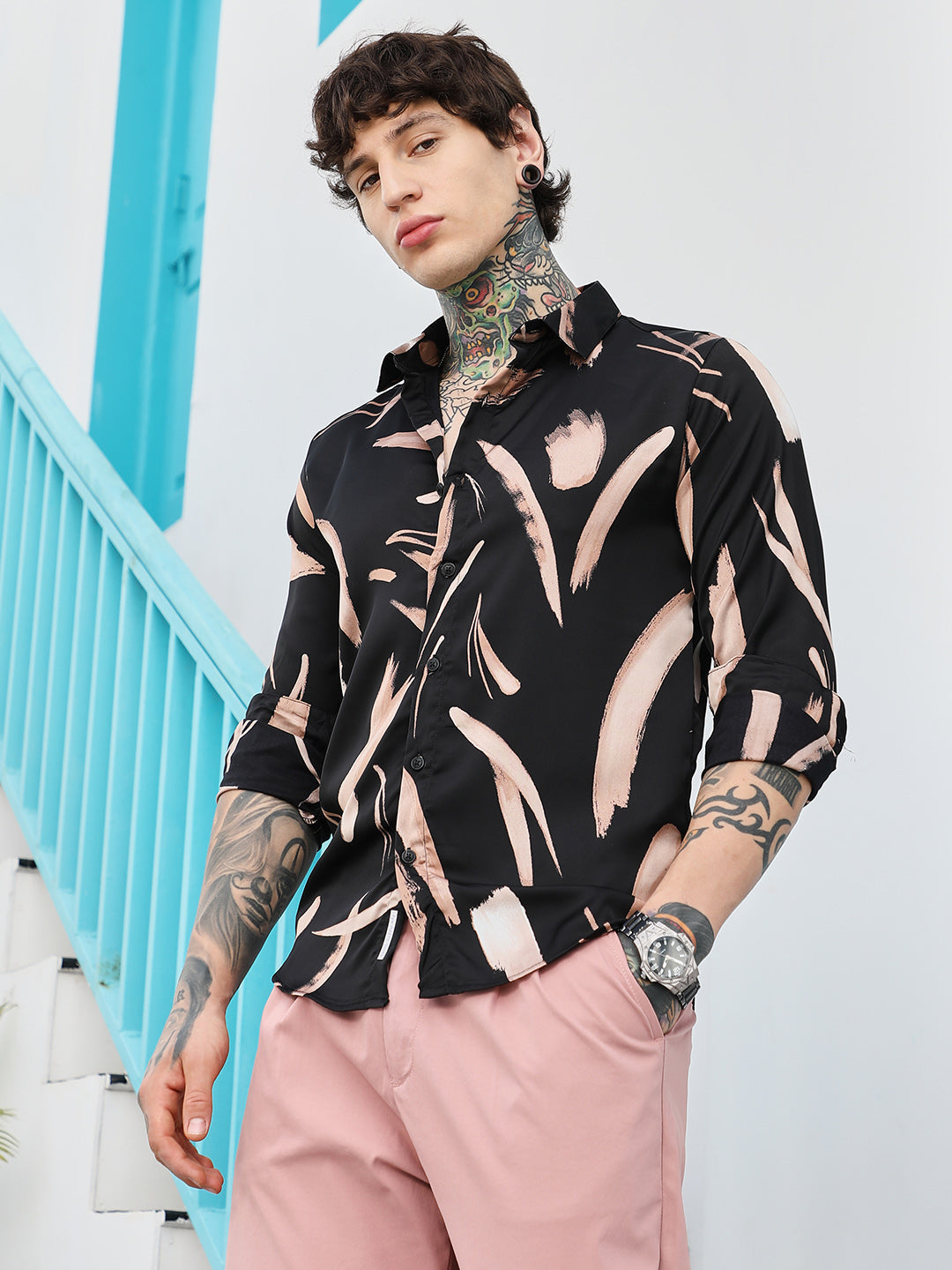 Contrast-Strokes Imprint Shirt