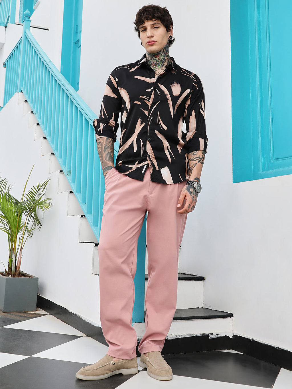 Contrast-Strokes Imprint Shirt