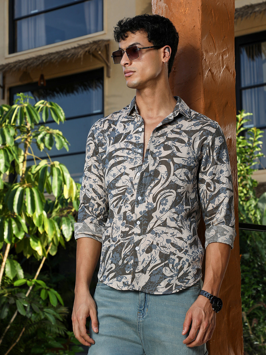 Floral-Block Jacquard Shirt