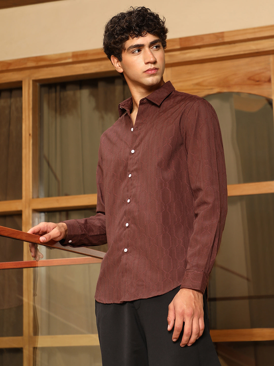 ₹999 | Campus Sutra Men's Coffee Brown Indie-Geometric Jacquard