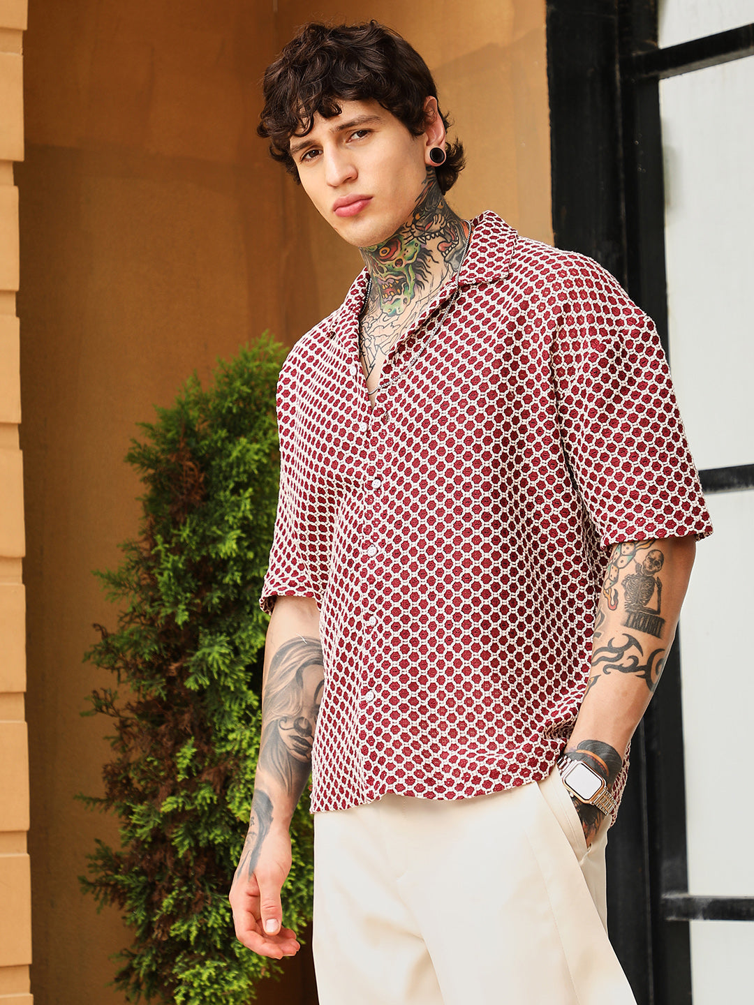 Geometric-Crochet Cuban Oversized Shirt