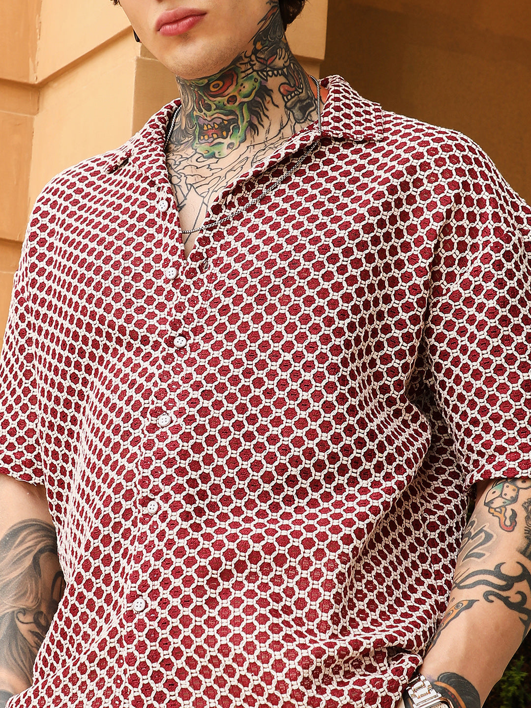 Geometric-Crochet Cuban Oversized Shirt