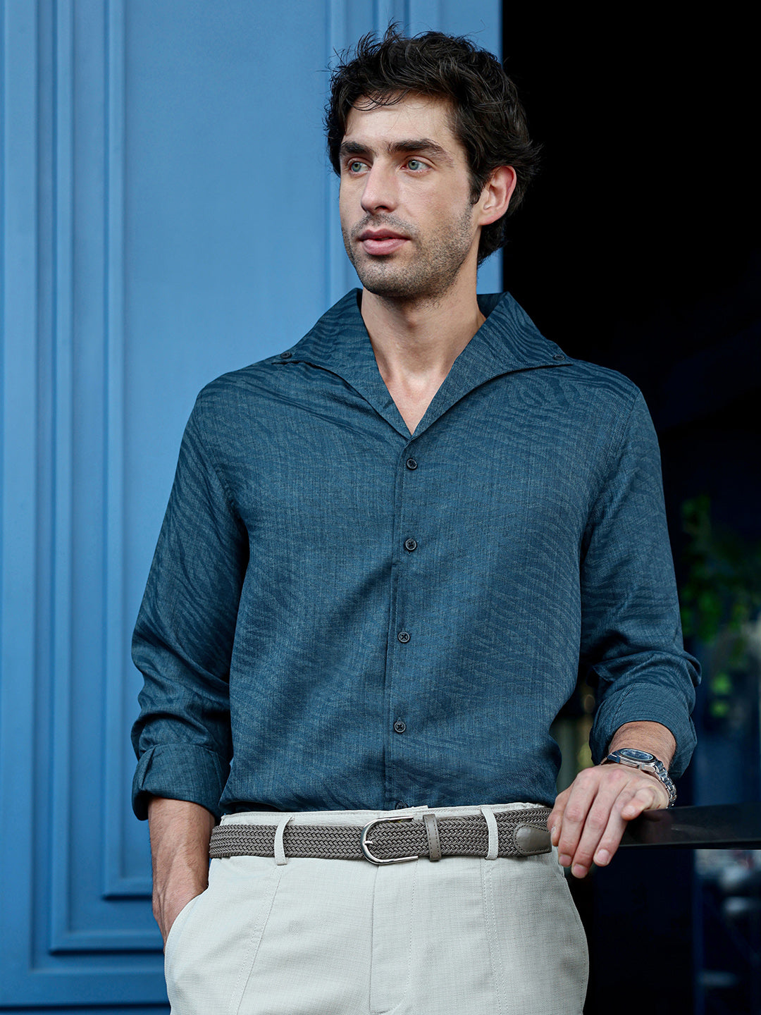 Men's Teal Textured Full Sleeve Cuban Collar Shirt