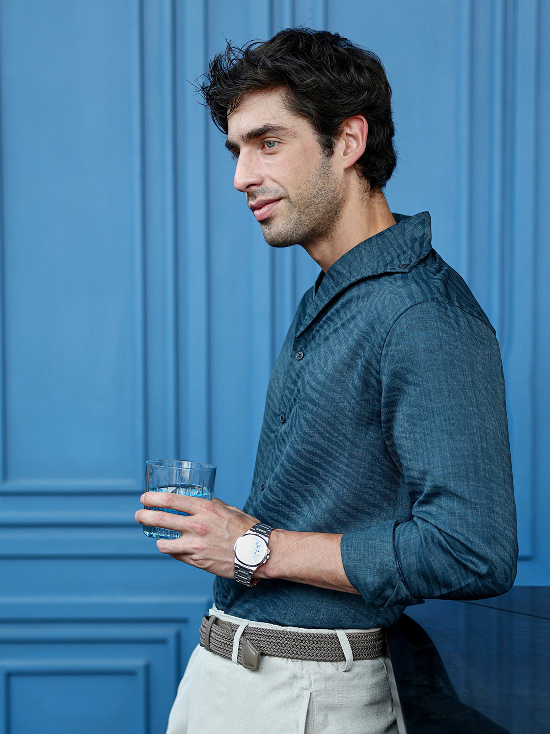 Men's Teal Textured Full Sleeve Cuban Collar Shirt