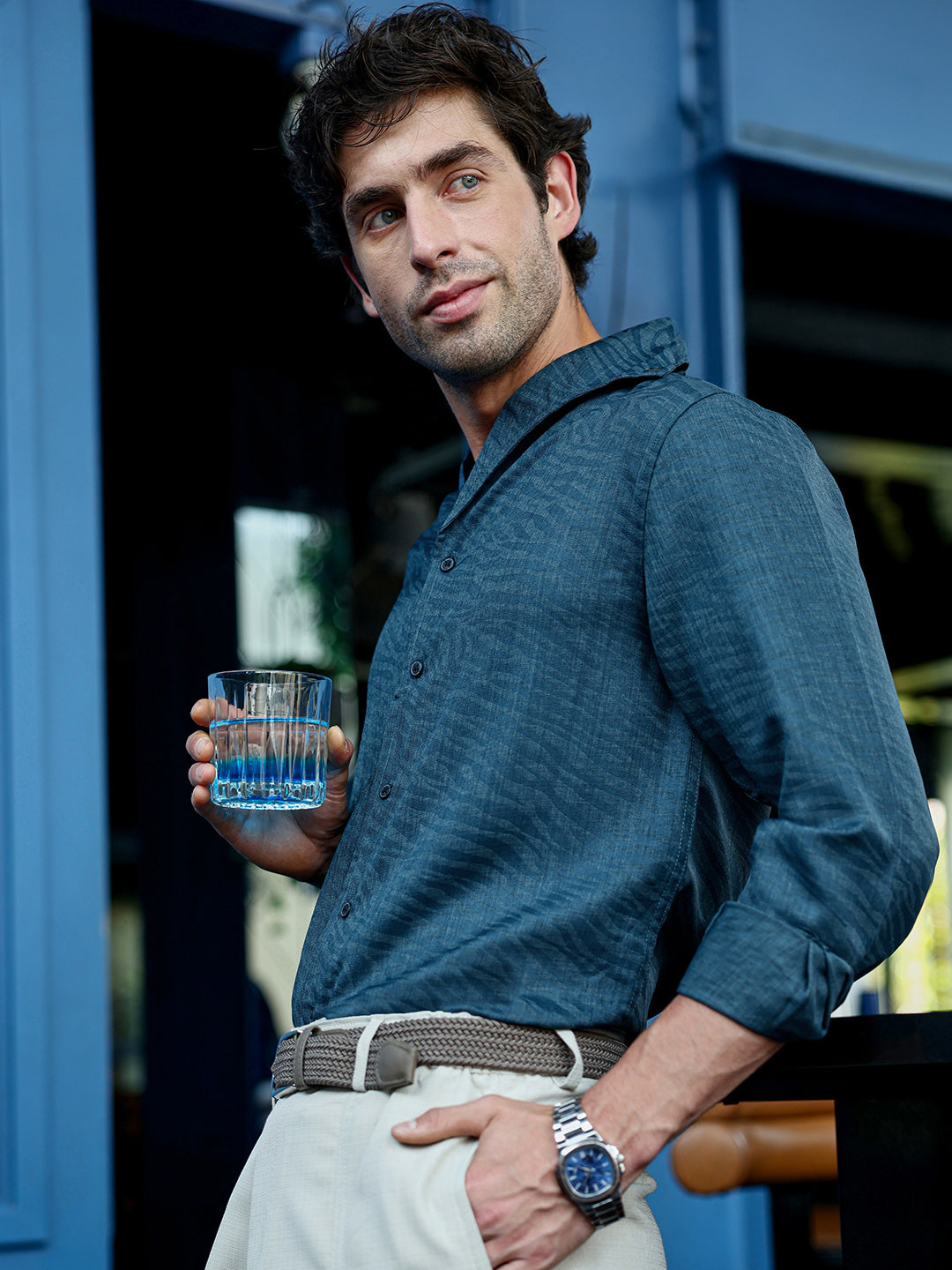 Men's Teal Textured Full Sleeve Cuban Collar Shirt