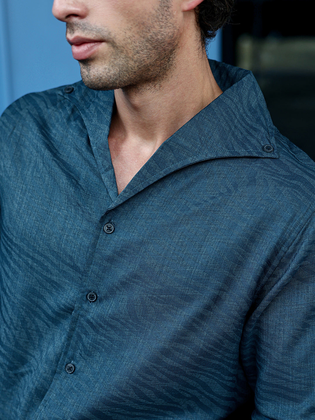 Men's Teal Textured Full Sleeve Cuban Collar Shirt