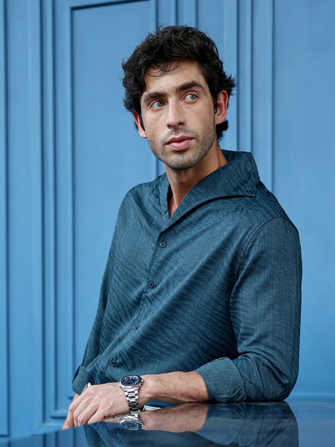 Men's Teal Textured Full Sleeve Cuban Collar Shirt