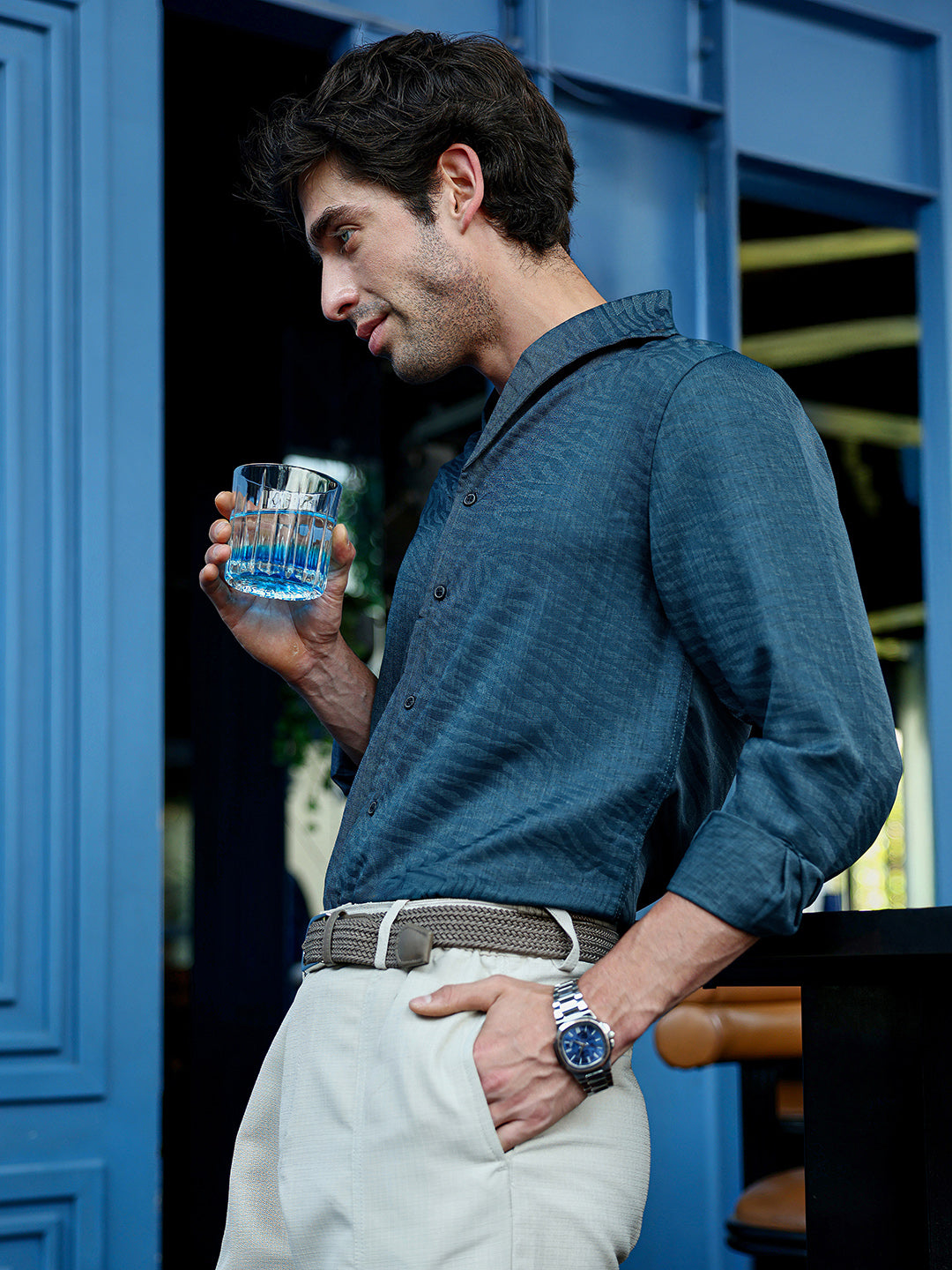 Men's Teal Textured Full Sleeve Cuban Collar Shirt