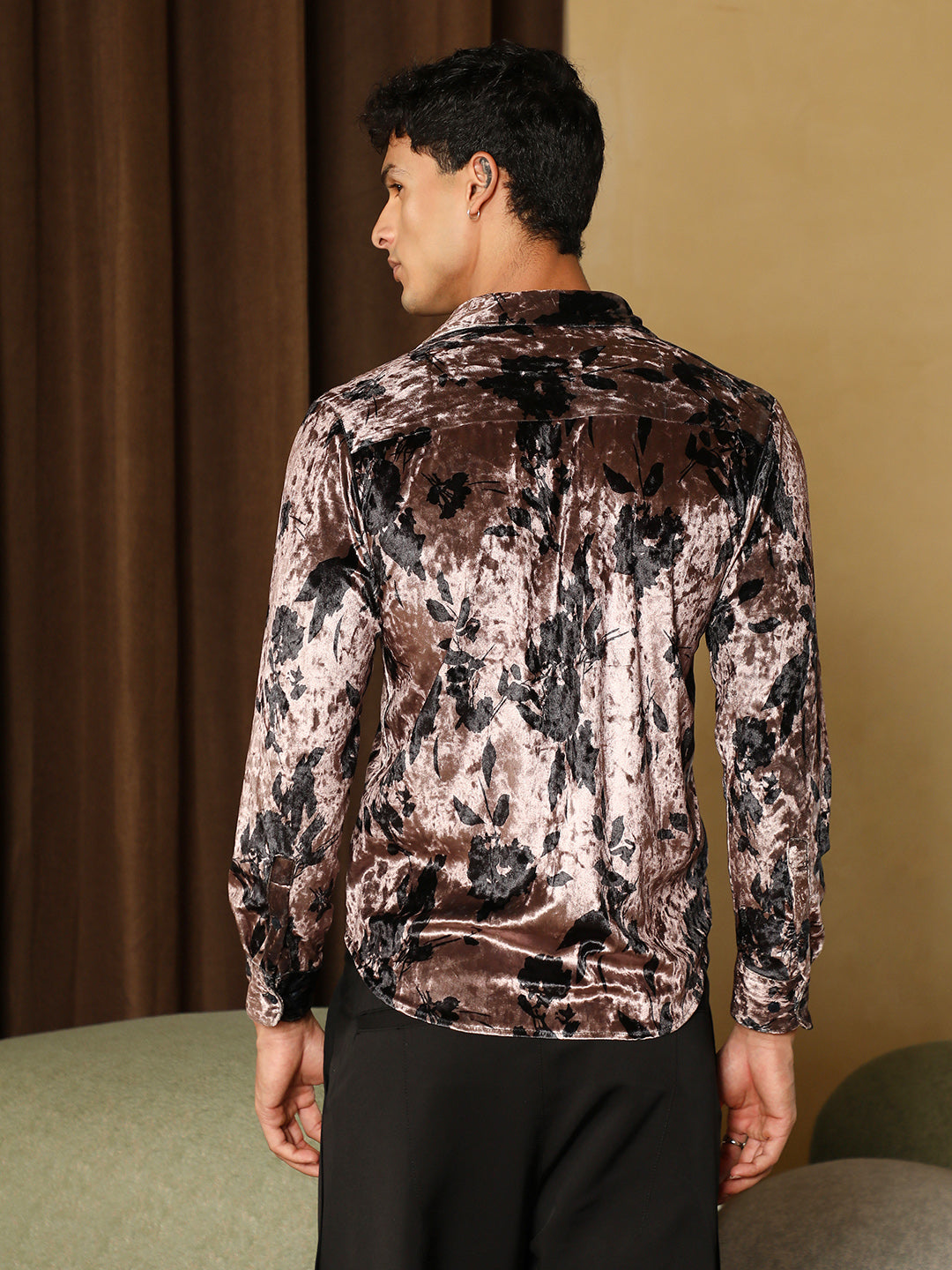 Contrast-Botanical Imprint Velvet Shirt