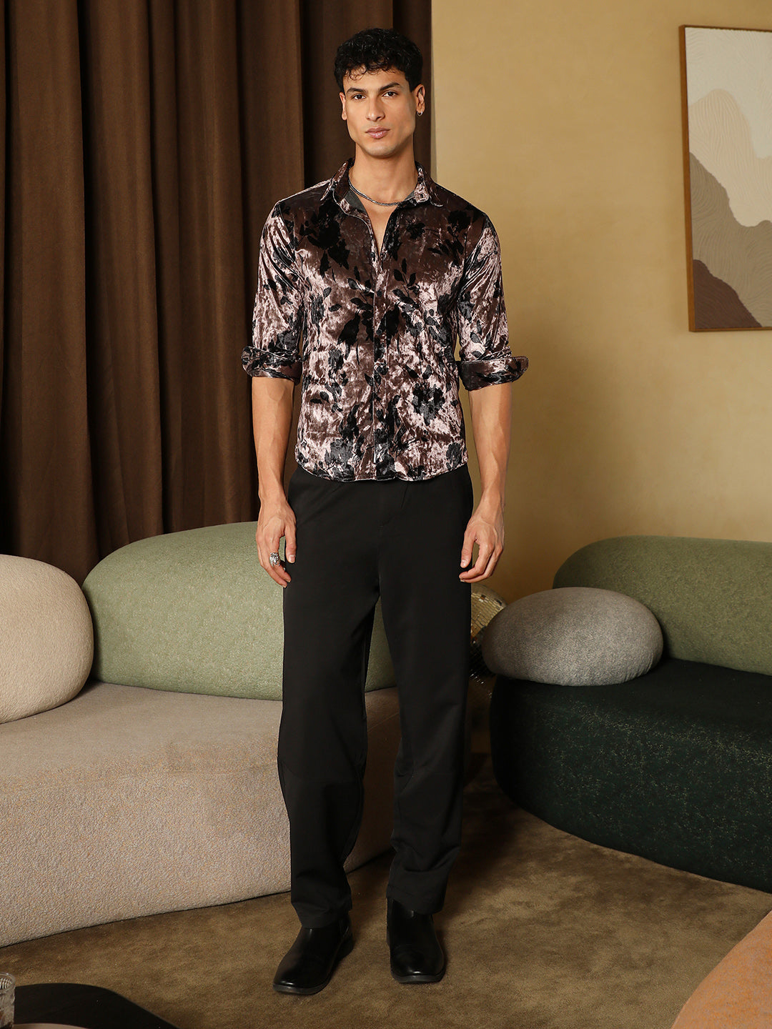 Contrast-Botanical Imprint Velvet Shirt